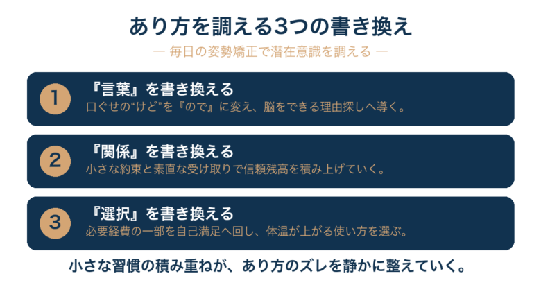 お金のブロック外しは一発逆転の外科手術ではなく、『言葉・関係・選択』を毎日少しずつ調える『姿勢矯正』である。